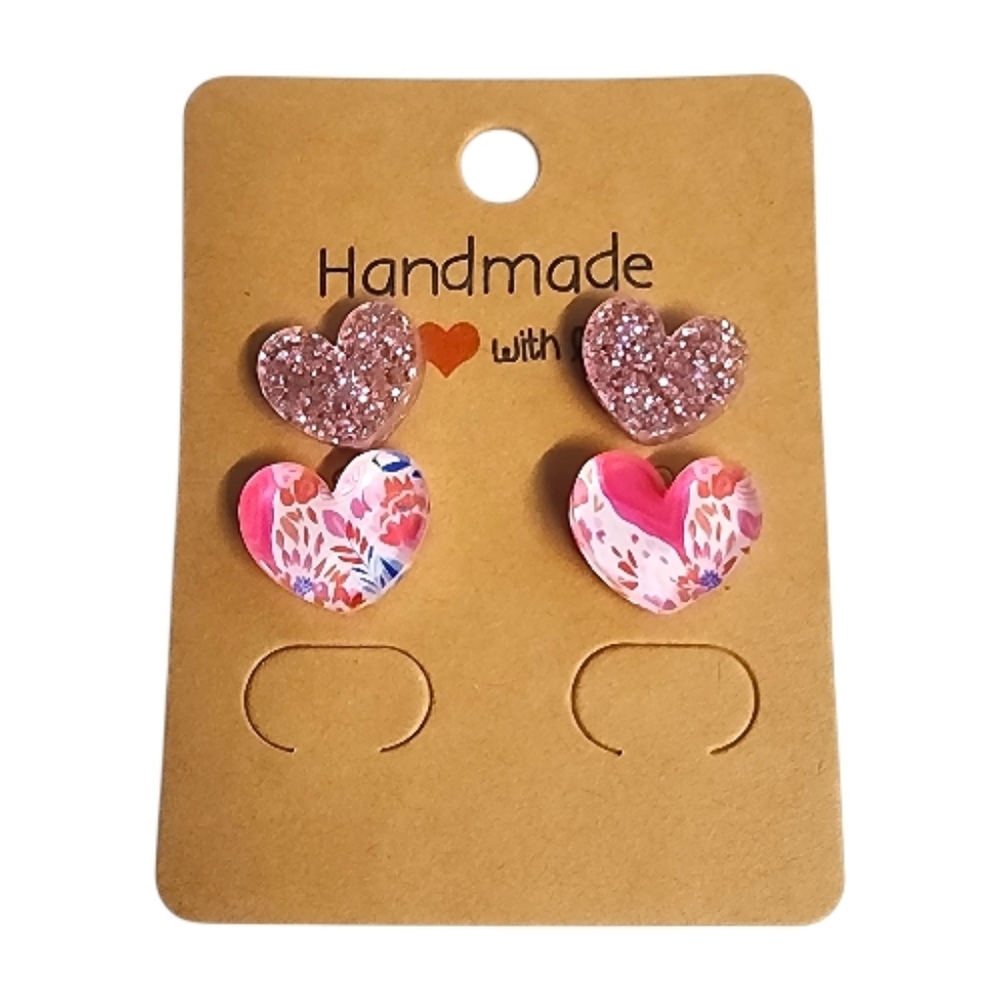 Rose Garden Sparkle Heart Acrylic Stud Earrings - 2 Pair